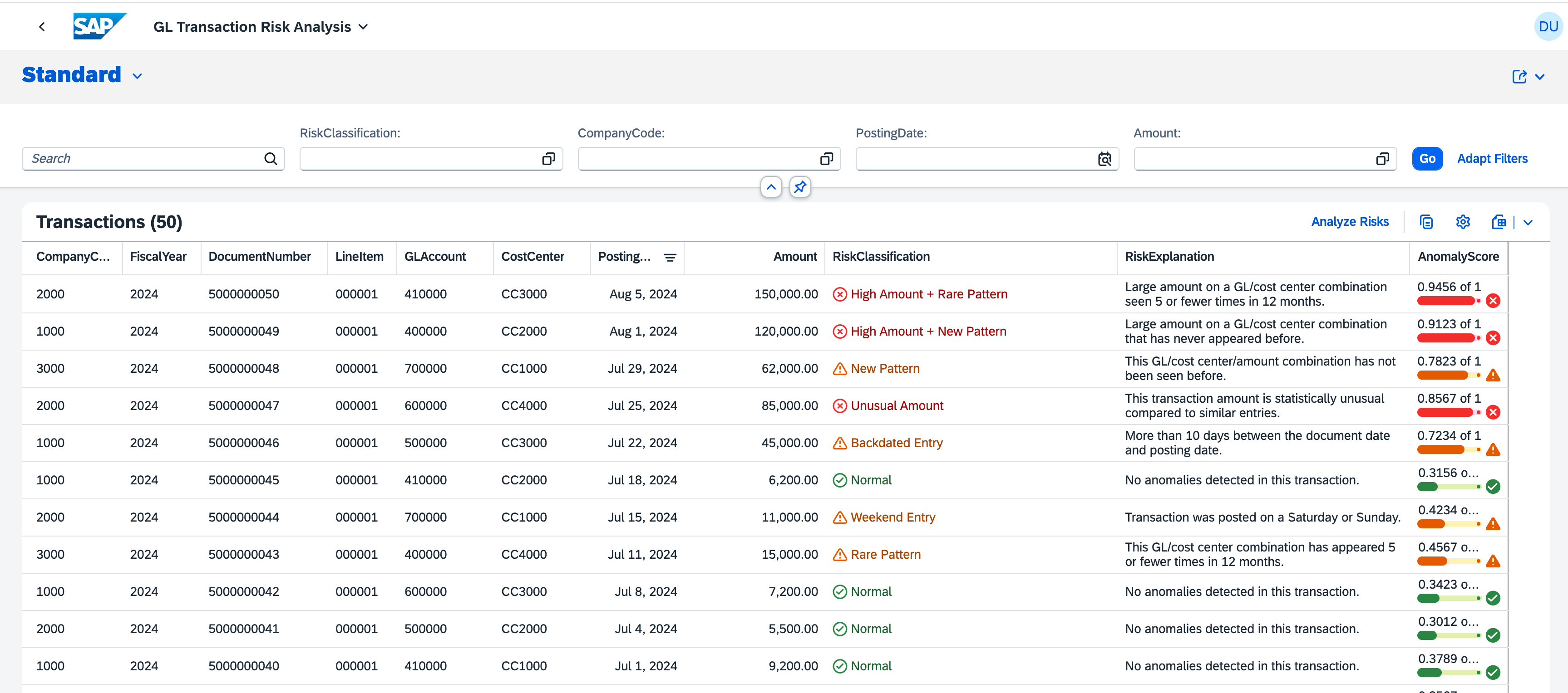 Financial Risk Analyzer, Fiori Elements List Report showing GL transactions with risk classifications, criticality indicators, and anomaly scores